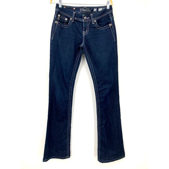 Miss Me Dark Blue Wash Easy Boot Sequin Stretch Flap Pockets Bootcut Jeans Pants - Picture 1 of 11